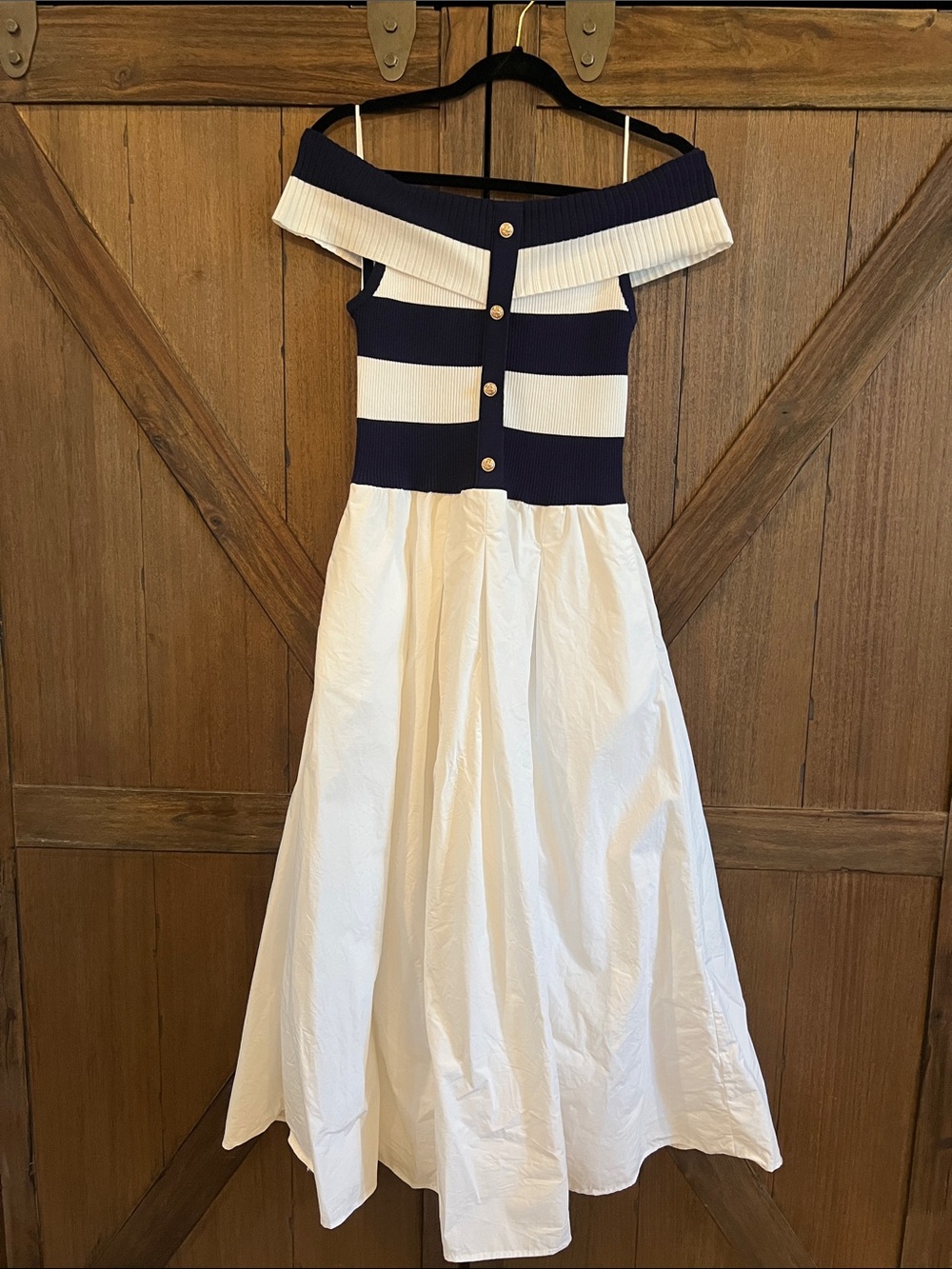 Cache Navy and White Off-Shoulder Maxi Dress